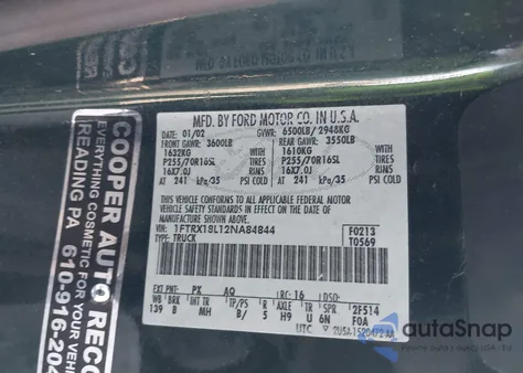 2002 Ford F-150 Lariat/Xl/Xlt z USA, uszkodzony, nr VIN 1FTRX18L12NA84844